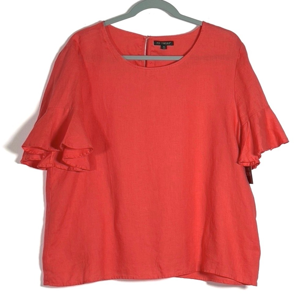For Cynthia 100% Linen Blouse Top Womens Sz XL Red Coral Flutter Short Sleeves